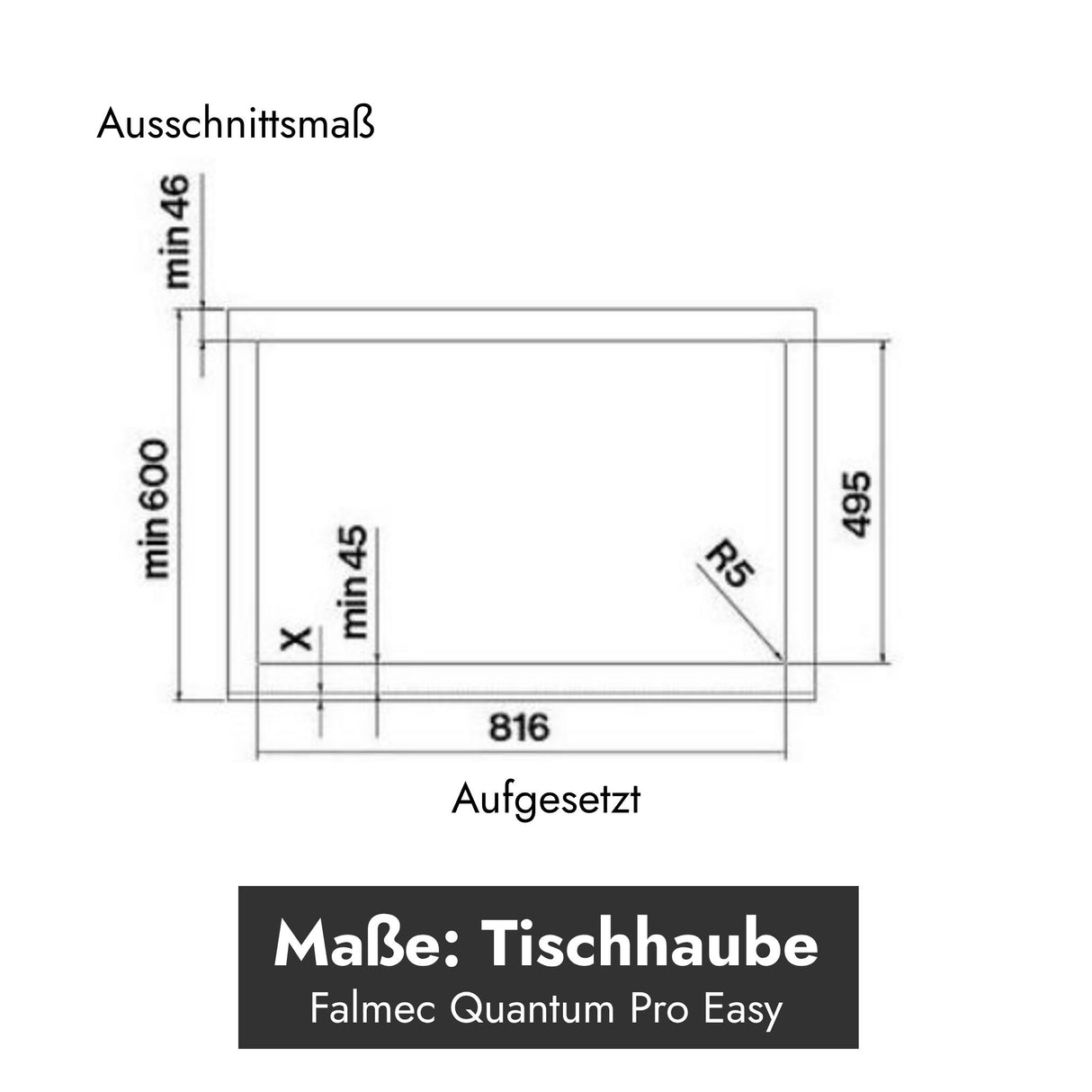 Technische Ausschnittskizze für die aufgesetzte Installation des Falmec Quantum Pro Easy Induktionskochfelds mit integriertem Muldenlüfter inklusive Millimeterangaben.