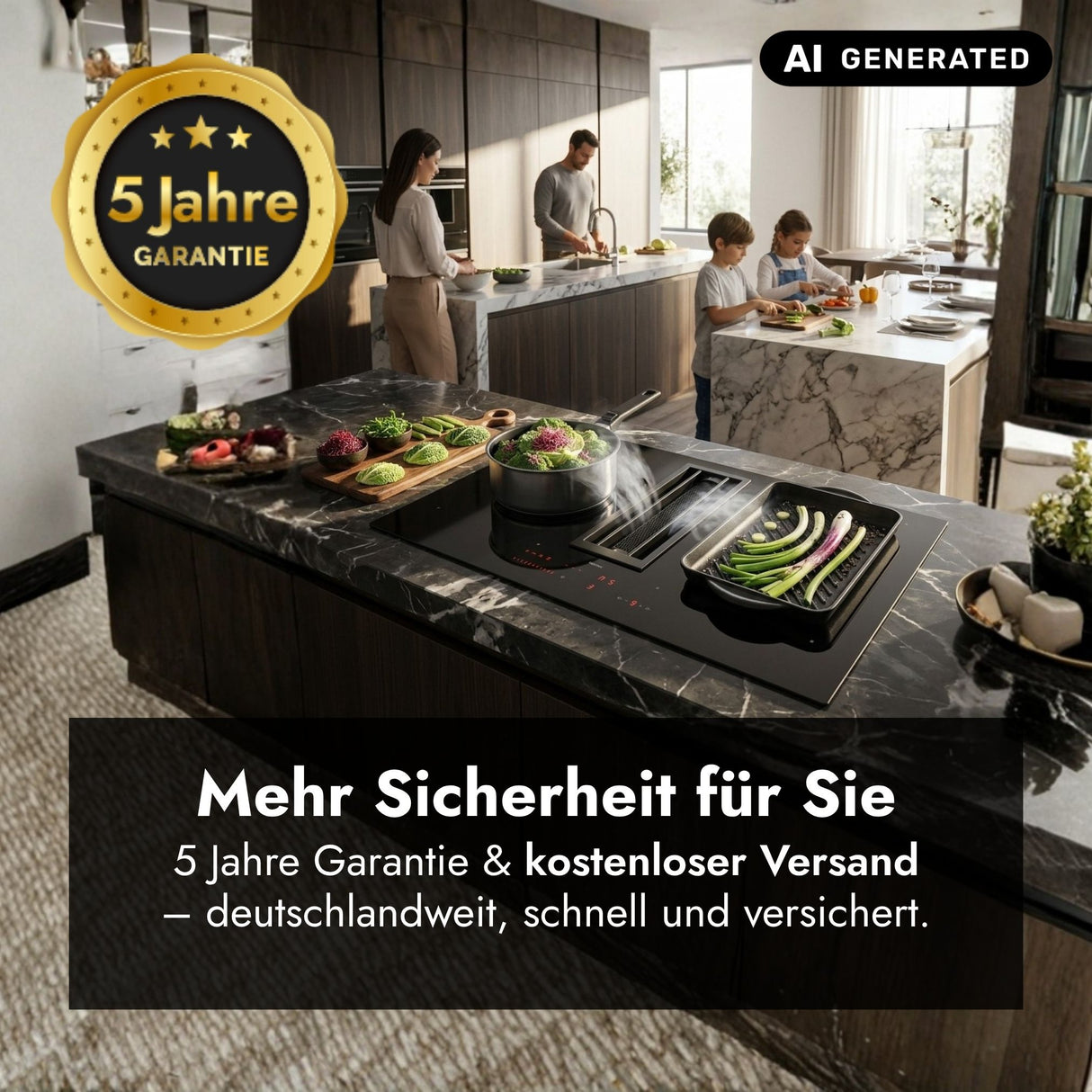 Falmec Quantum Pro Easy Induktionskochfeld mit integriertem Dunstabzug inklusive Werbegrafik für 5 Jahre Garantie und kostenlosen deutschlandweiten Versand.