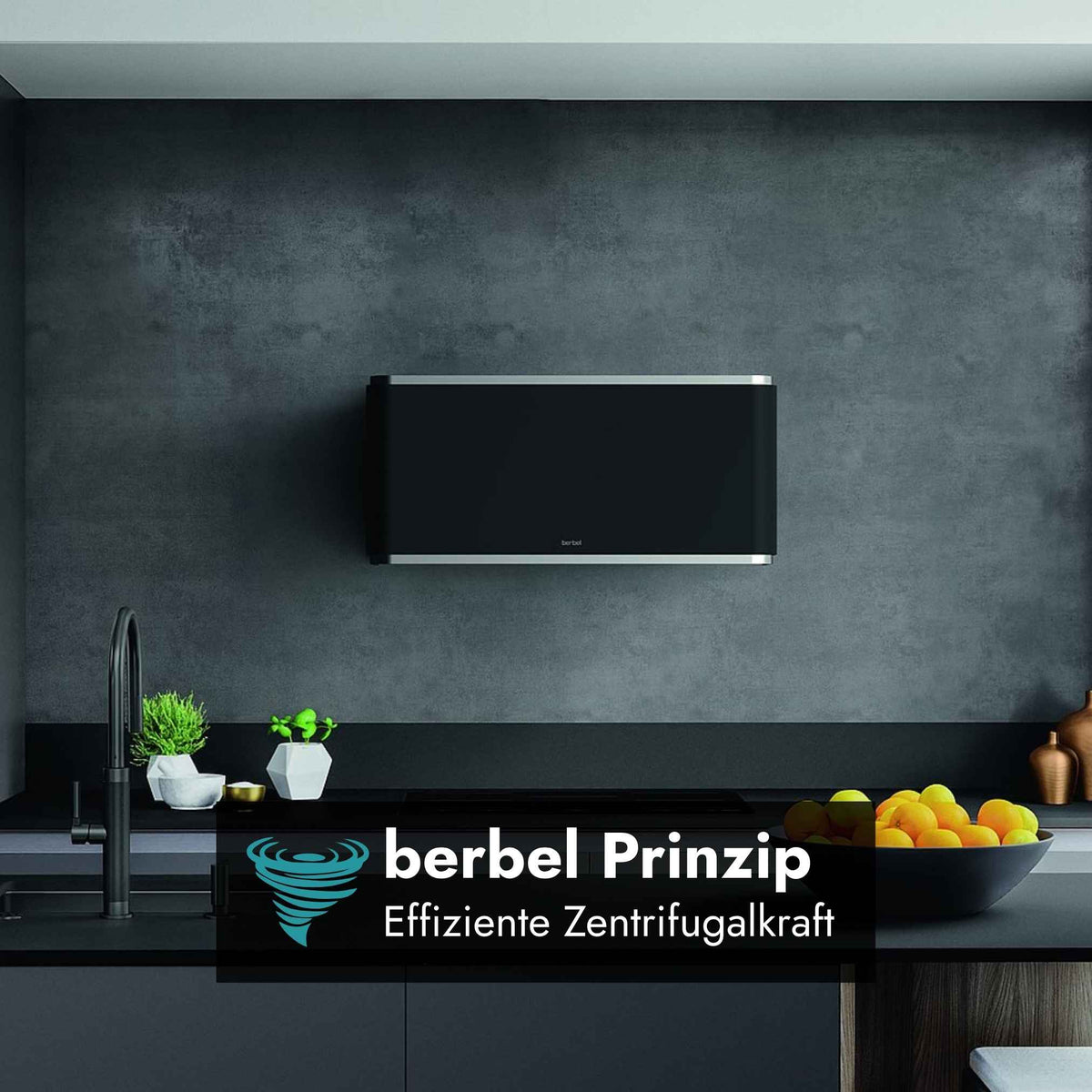 Berbel Curveline BWH CU in dunkler Küche mit Hinweis auf das Berbel Prinzip und effiziente Zentrifugalkraft.