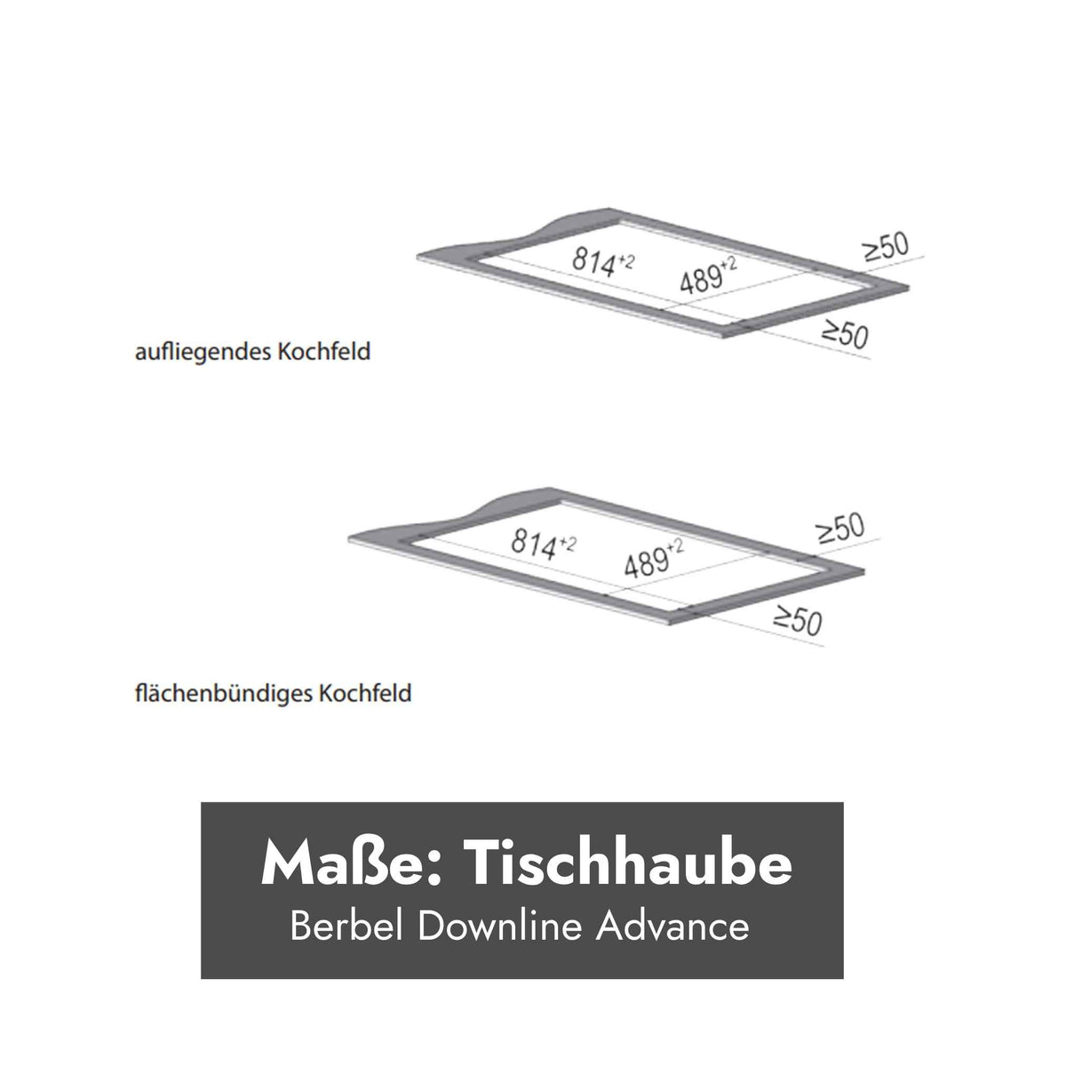 Technische Zeichnung der Einbaumaße für die Berbel Downline Advance mit Angaben für aufliegende und flächenbündige Montage des Kochfelds.