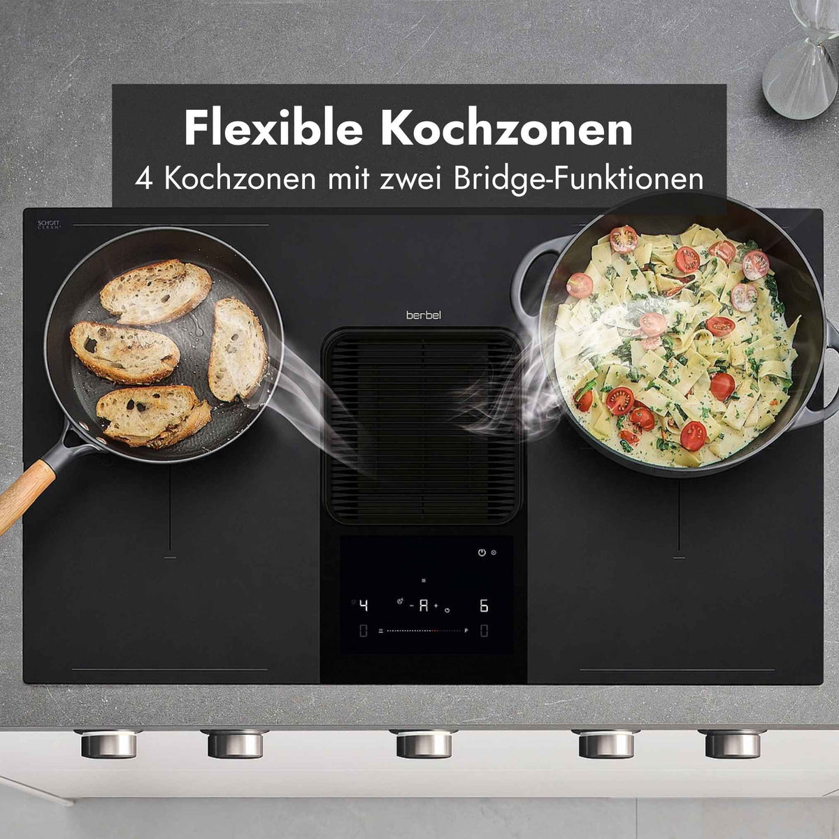 Berbel Downline Performance Kochfeld mit integriertem Abzug, vier Kochzonen und zwei Bridge-Funktionen für flexibel nutzbare Kochflächen.