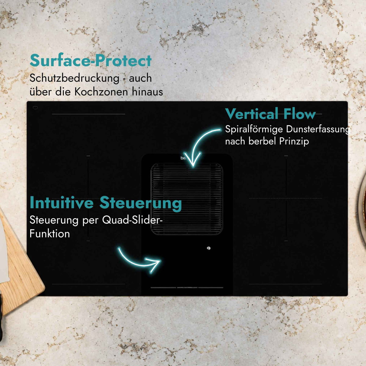 Berbel Downline Kochfeld mit integriertem Abzug und Hinweisen auf Surface Protect, Vertical Flow zur Dunsterfassung und intuitive Quad-Slider-Steuerung.