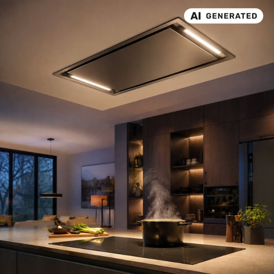 Eingebauter Deckenlüfter mit heller LED-Beleuchtung leuchtet modernes Kochfeld aus