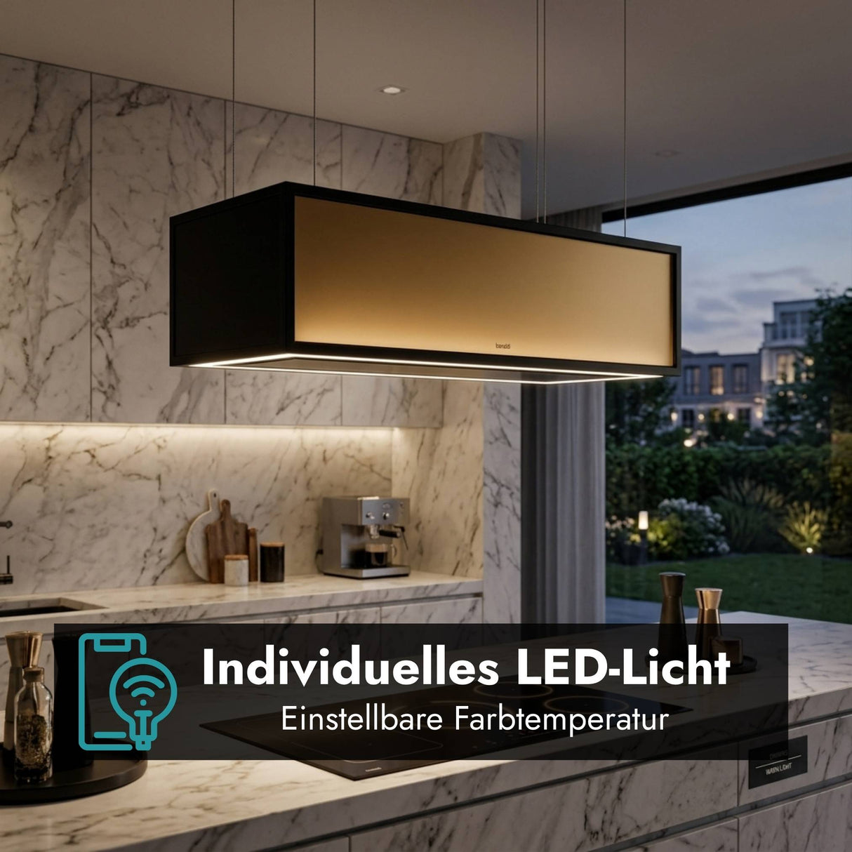 Moderne Kücheninsel mit berbel Skyline Frame Dunstabzugshaube als schwebendes Licht- und Designobjekt