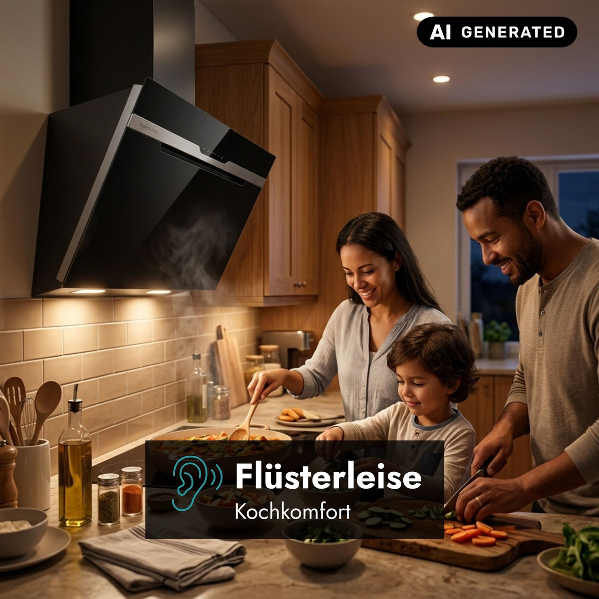 Elica Majestic No Drip Wandhaube in Schwarz beim gemeinsamen Kochen mit der Familie mit Hinweis auf flüsterleisen Kochkomfort