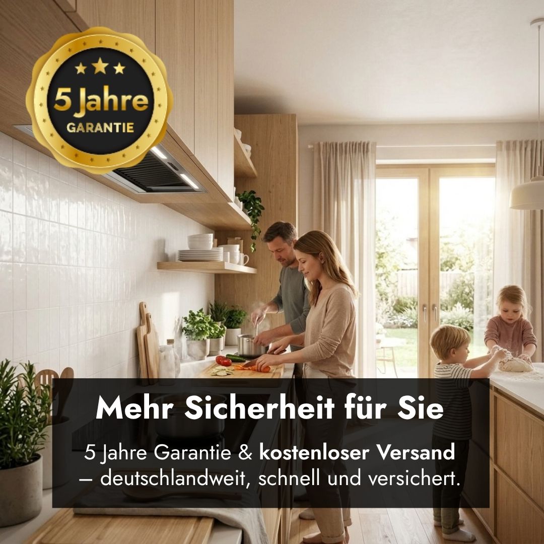 Falmec Lüfterbaustein Plus No-Drop in moderner Familienküche mit Hinweis auf 5 Jahre Garantie und kostenlosen Versand deutschlandweit