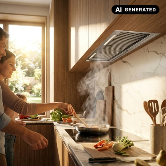 Falmec Lüfterbaustein Plus No-Drop in einer modernen Küche beim Kochen mit aufsteigendem Wasserdampf
