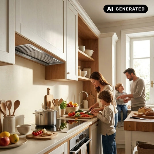 Falmec Lüfterbaustein Plus No-Drop über dem Kochfeld in einer modernen Familienküche beim gemeinsamen Kochen