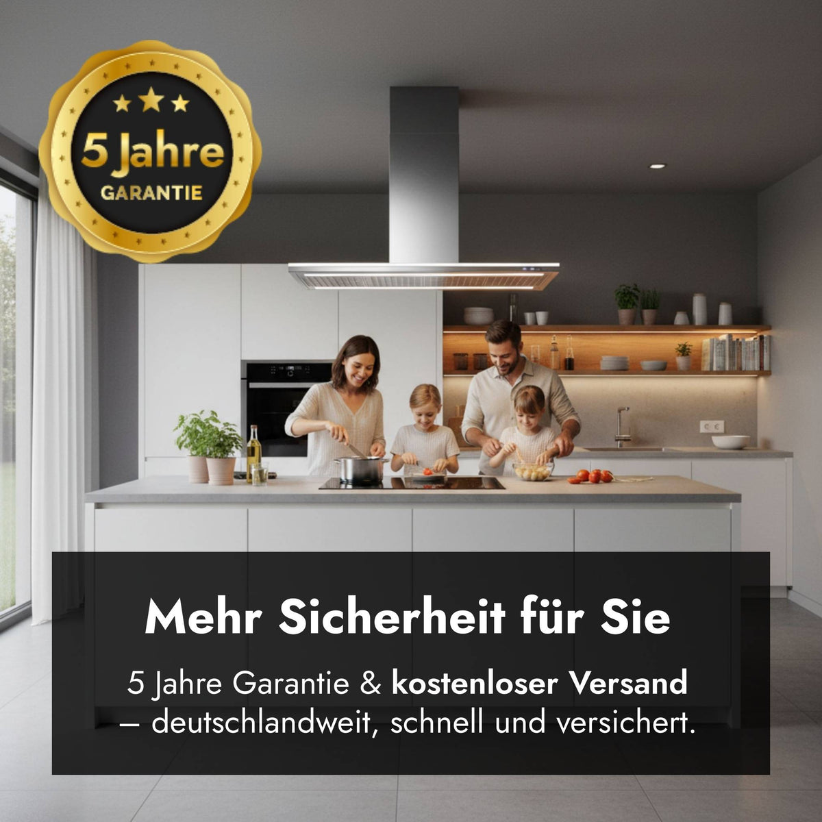 Falmec Lumen Dunstabzugshaube in moderner Küche mit Hinweis auf 5 Jahre Garantie und kostenlosen deutschlandweiten Versand.