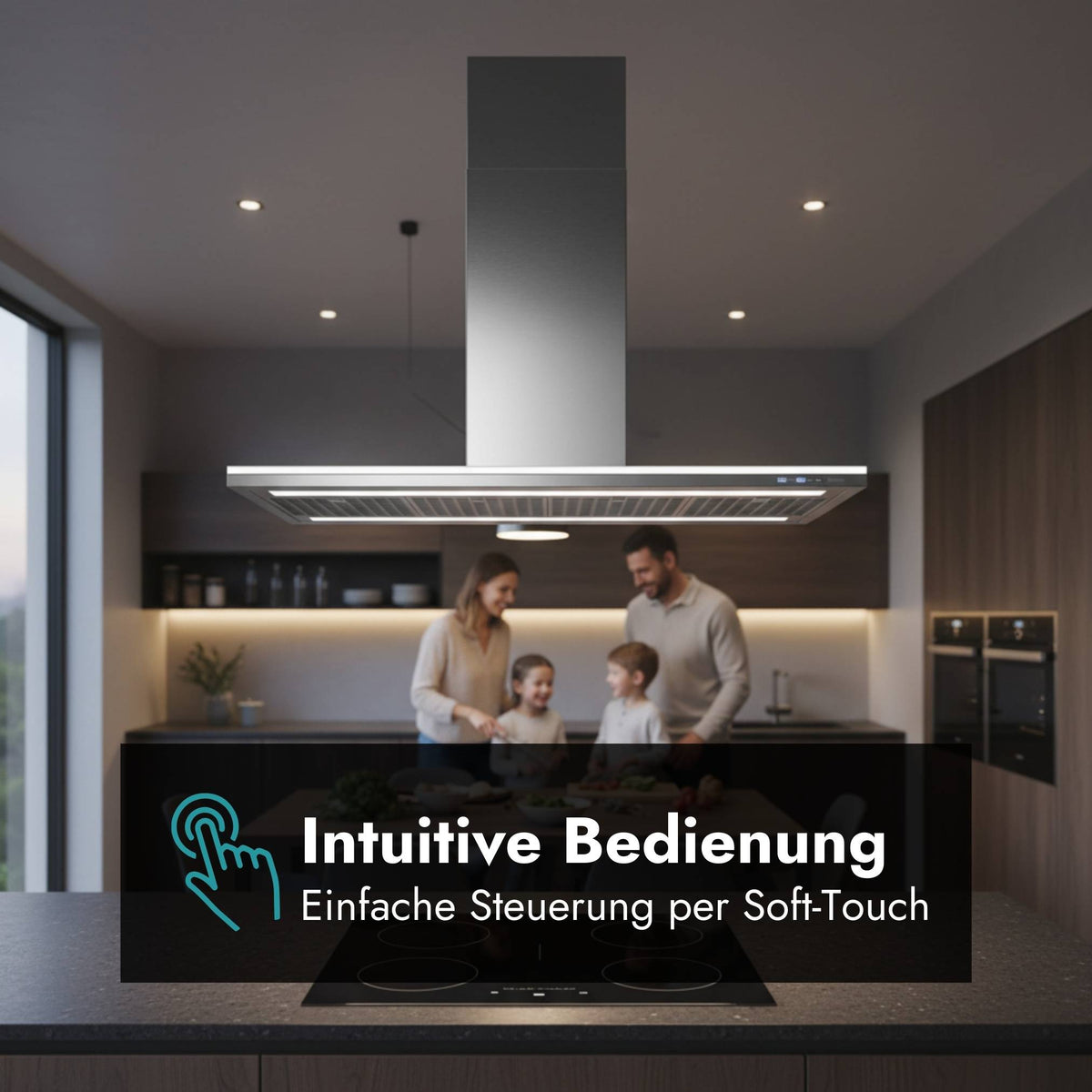 Falmec Lumen Inselhaube in moderner Küche mit Familie und Hinweis auf die intuitive Steuerung per Soft-Touch-Bedienung