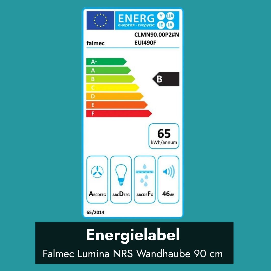 Energielabel zur Falmec Lumina NRS Wandhaube 90 cm mit Energieeffizienzklasse B und einem Jahresenergieverbrauch von 65 kWh.