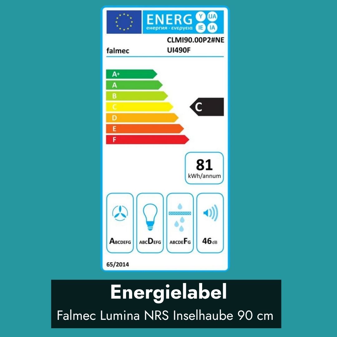 Energielabel der Falmec Lumina NRS Inselhaube 90 cm mit Energieeffizienzklasse C, 81 kWh Jahresenergieverbrauch und 46 dB Geräuschpegel.