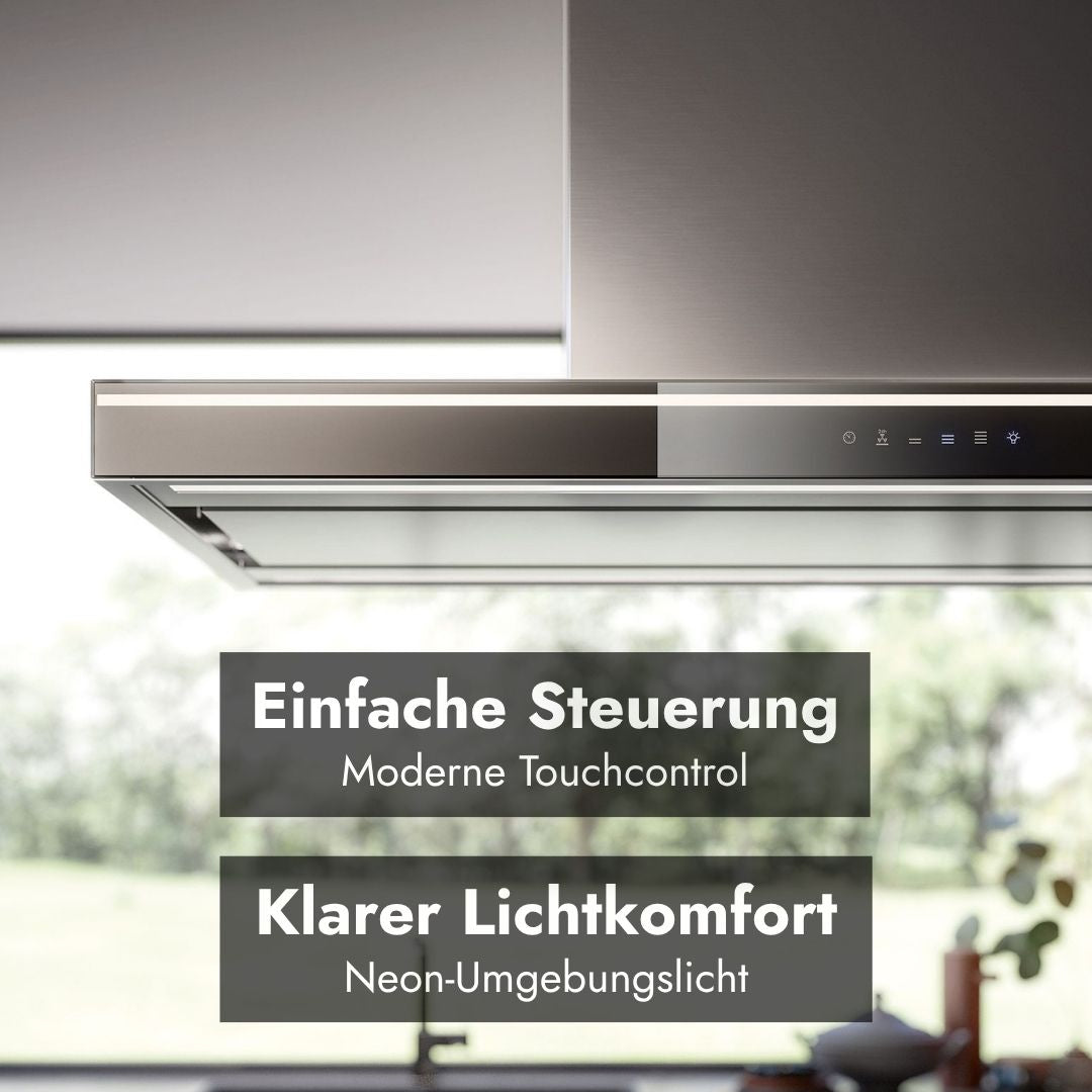 Falmec Lumina NRS Dunstabzugshaube mit moderner Touchcontrol-Steuerung und Neon-Umgebungslicht für komfortable Bedienung und klare Kochfeldbeleuchtung.