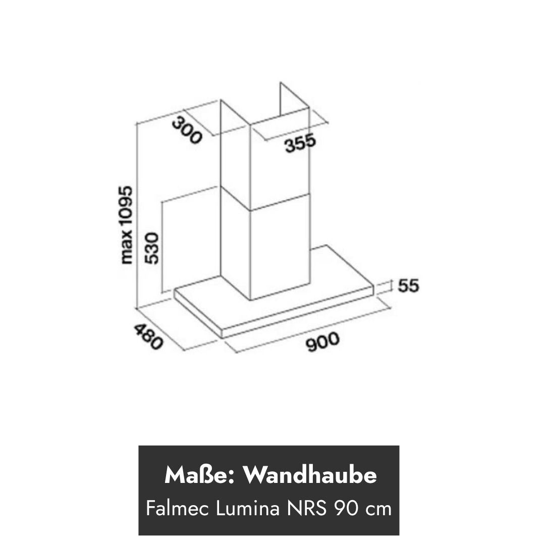 Technische Maßzeichnung der Falmec Lumina NRS Wandhaube 90 cm mit Abmessungen für Breite, Tiefe, Höhe und Kamin.