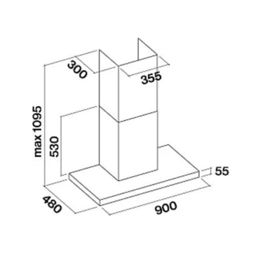 Technische Maßzeichnung der Falmec Lumina NRS Wandhaube 90 cm mit 900 mm Breite, 480 mm Tiefe und maximal 1095 mm Höhe.