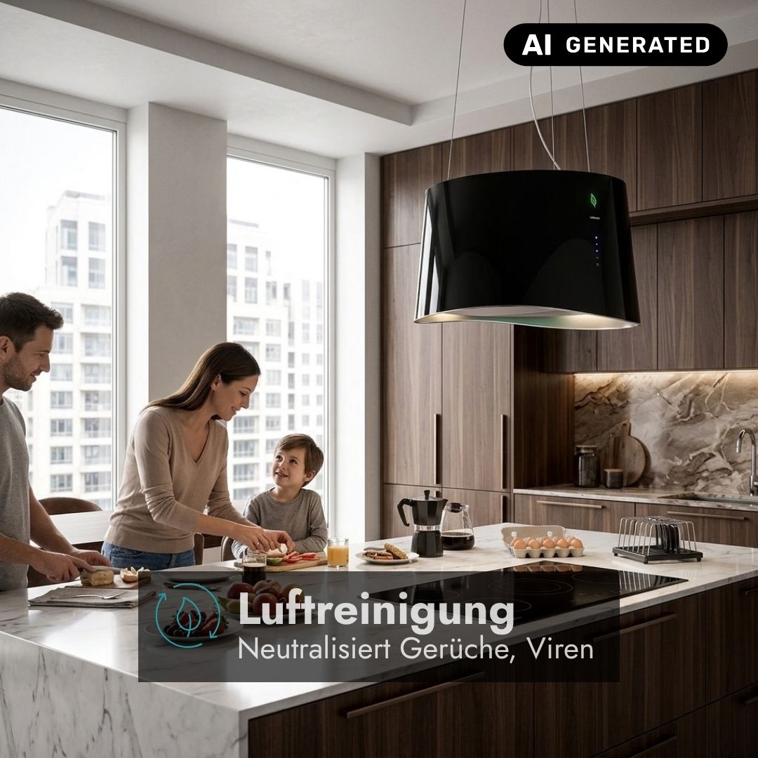 Falmec Mare E.ion Inselhaube in Schwarz mit E.ion Luftreinigung in moderner Küche