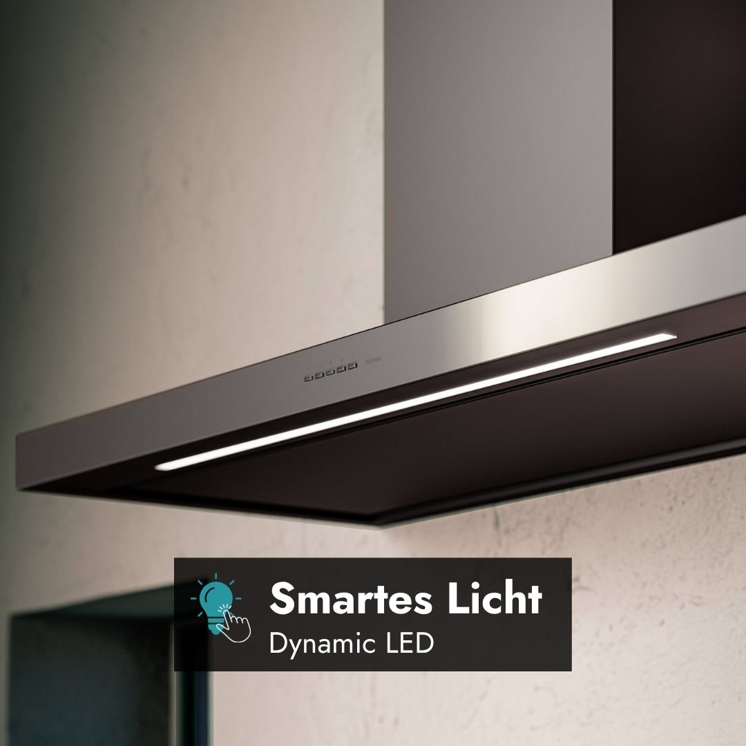 Detailansicht der Falmec Plane Plus NRS Dunstabzugshaube mit integrierter Dynamic LED Beleuchtung für anpassbaren Lichtkomfort.