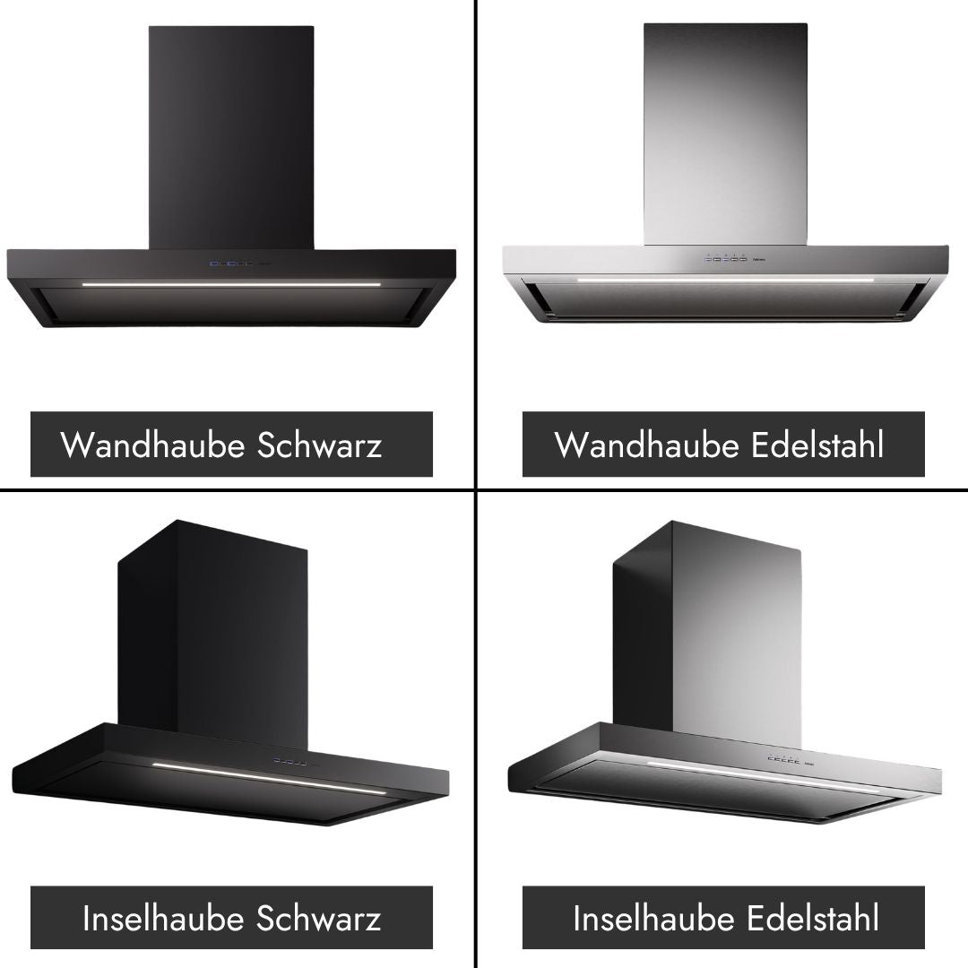 Falmec Plane Plus NRS im Variantenvergleich als Wandhaube und Inselhaube in Schwarz und Edelstahl.