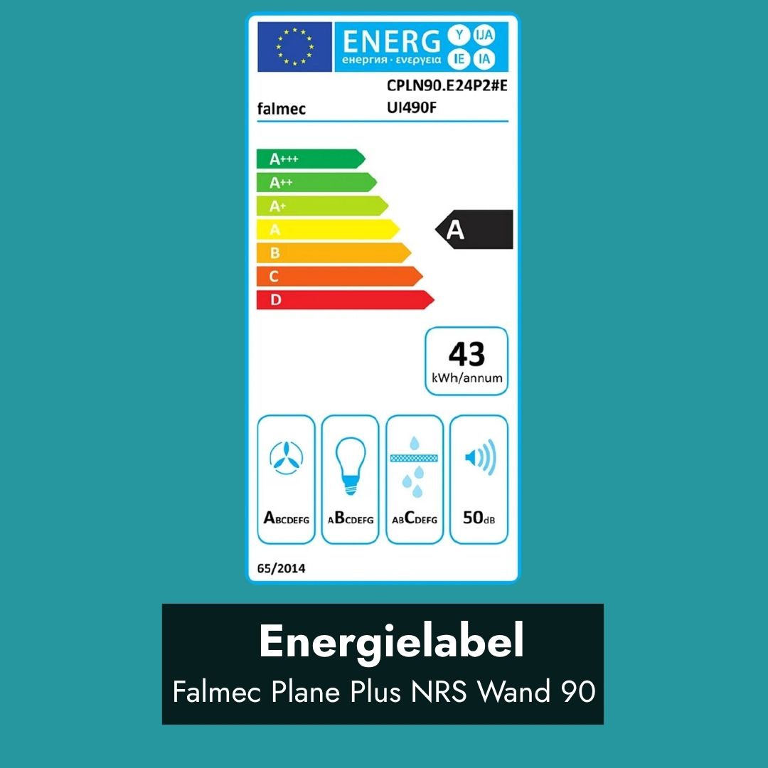 Energielabel der Falmec Plane Plus NRS Wandhaube 90 cm mit Energieeffizienzklasse A, 43 kWh Jahresenergieverbrauch und 50 dB Geräuschpegel.