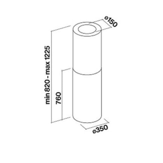 Maßzeichnung der Falmec Polar Evo Inselhaube mit 350 mm Durchmesser, 760 mm Haubenhöhe und variabler Gesamthöhe von 820 bis 1225 mm.