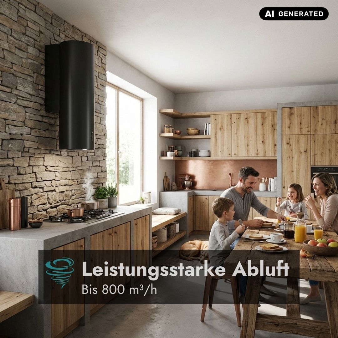 Falmec Polar Evo Wandhaube in Schwarz in moderner Küche mit leistungsstarker Abluftleistung bis 800 m³/h.