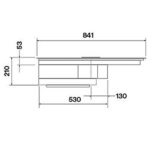 Technische Zeichnung mit Einbaumaßen des Falmec Quantum Pro Easy Induktionskochfelds mit integriertem Muldenlüfter im Seitenprofil.
