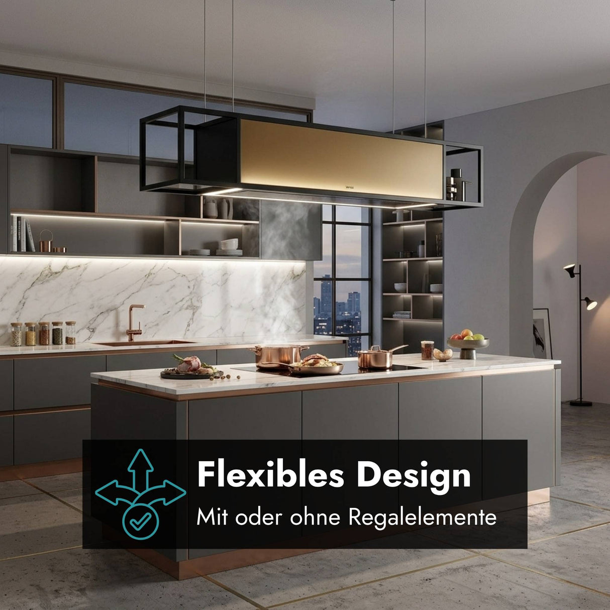 berbel Skyline Frame mit Regalelementen als designstarke Inselhaube für offene Küchen und Kochinseln. berbel Skyline Frame ohne Regalelemente als elegante Inselhaube mit beleuchtetem Glaskorpus über dem Kochfeld