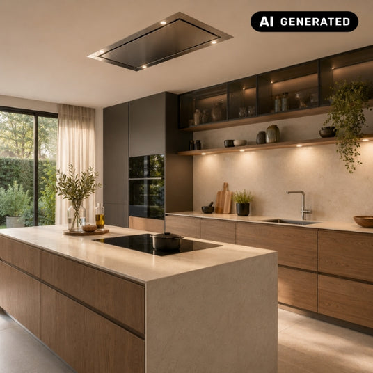 Moderne Küche mit integrierter Falmec Dunstabzugshaube, Küchenharmonie, Designlösung