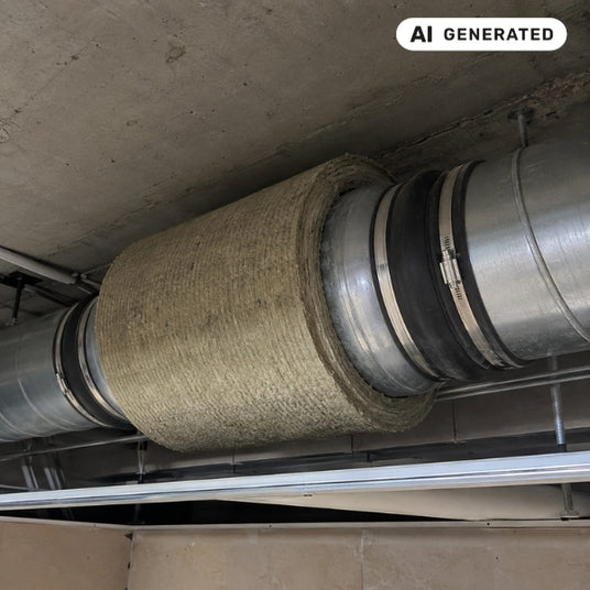 Installierter Inline-Schalldämpfer aus verzinktem Stahl mit Dämmung in einem Abluftsystem, zur Geräuschreduzierung.