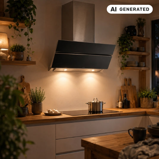Moderne Wandhaube harmonisch in eine wohnliche Küche mit Holzelementen und Pflanzen integriert.