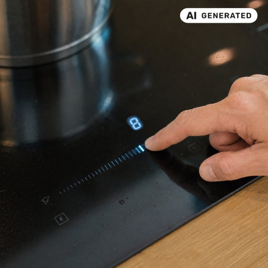 Hand bedient Slider-Control auf Glaskeramik-Kochfeld, digitale Anzeige aktiv