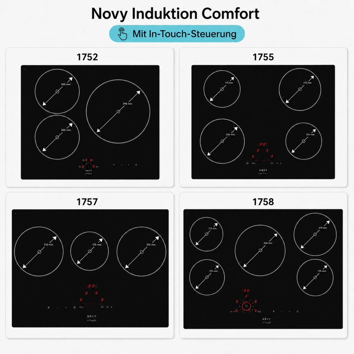 Schwarzes Novy Comfort Kochfeld mit runden Kochzonen und klarer Bedienoberfläche mit InTouch
