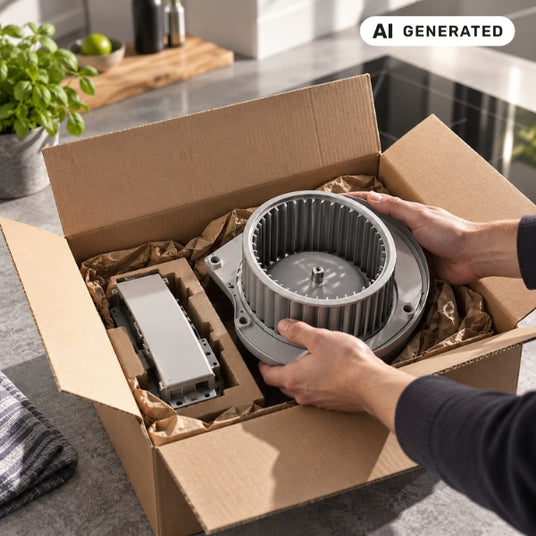 Original Novy Ersatzteil im braunen Versandkarton, frisch ausgepackt in Küche