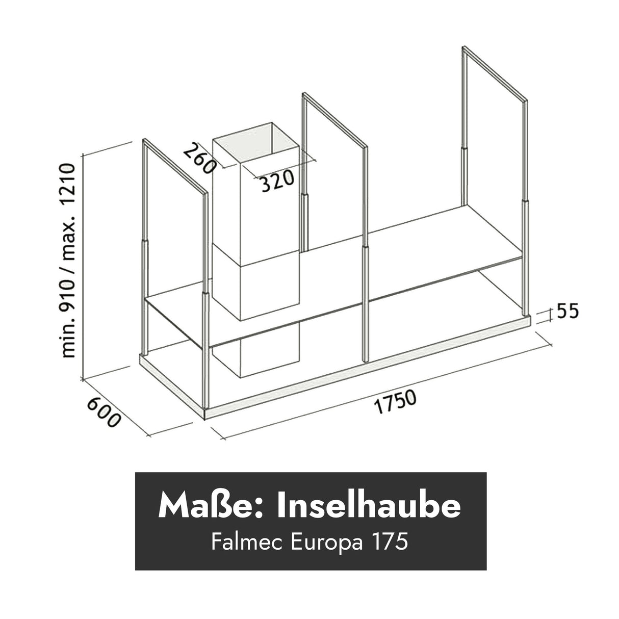 Maßskizze Falmec Europa 175 Black Inselhaube