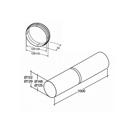 Technische Zeichnung eines 1000 mm langen Rundrohrs mit Steckverbinder und Maßangaben für 125 und 150 mm Rohrdurchmesser.
