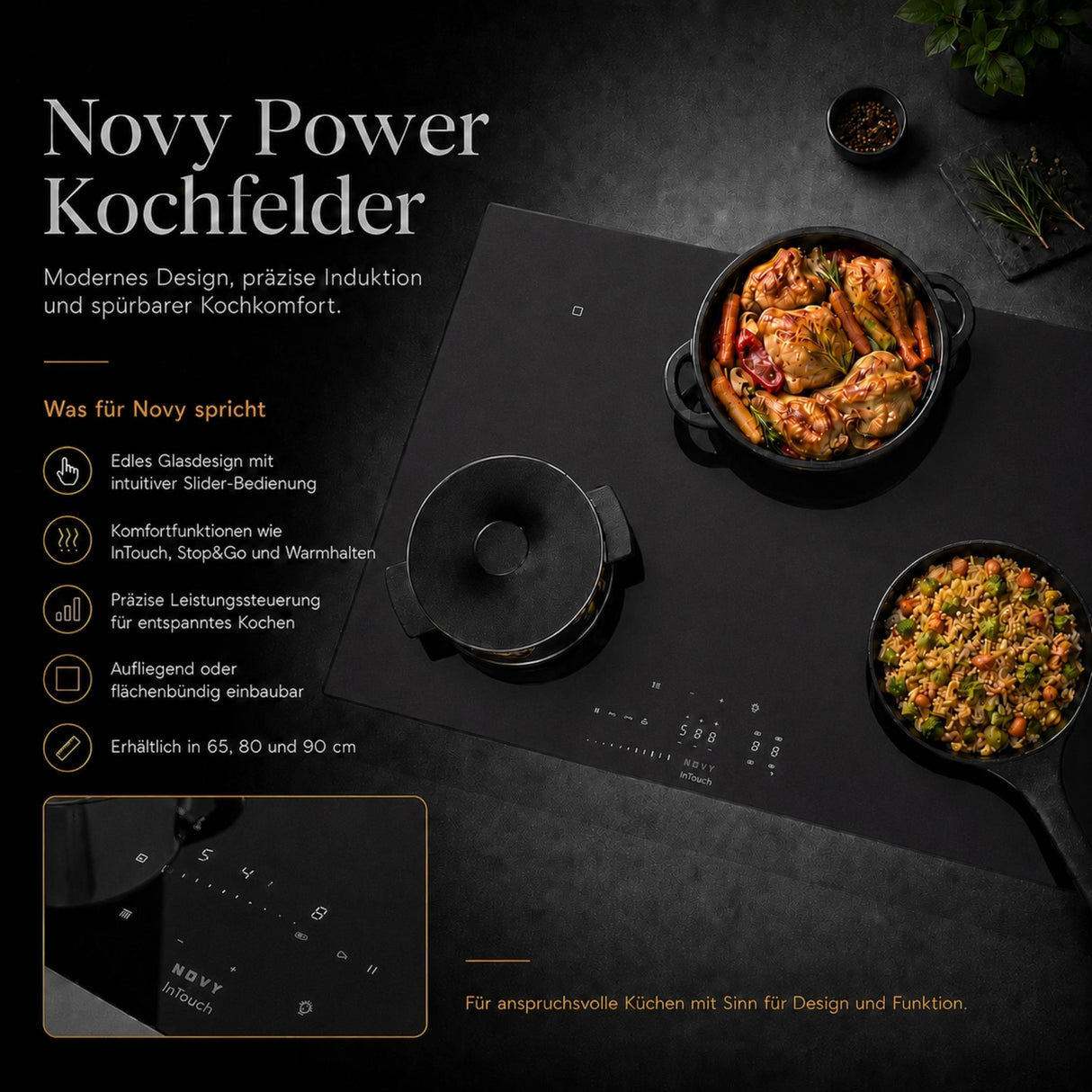 Novy Power Matte Line Kochfeld mit dezent sichtbaren Bedienelementen und hochwertiger Küchenoptik. Mit mit flexibler Kochfläche, Timerfunktionen und komfortabler Slider-Bedienung