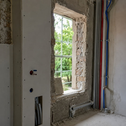 Blick in die technische Rohrführung eines Dunstabzugssystems hinter einer Gipsplatte.