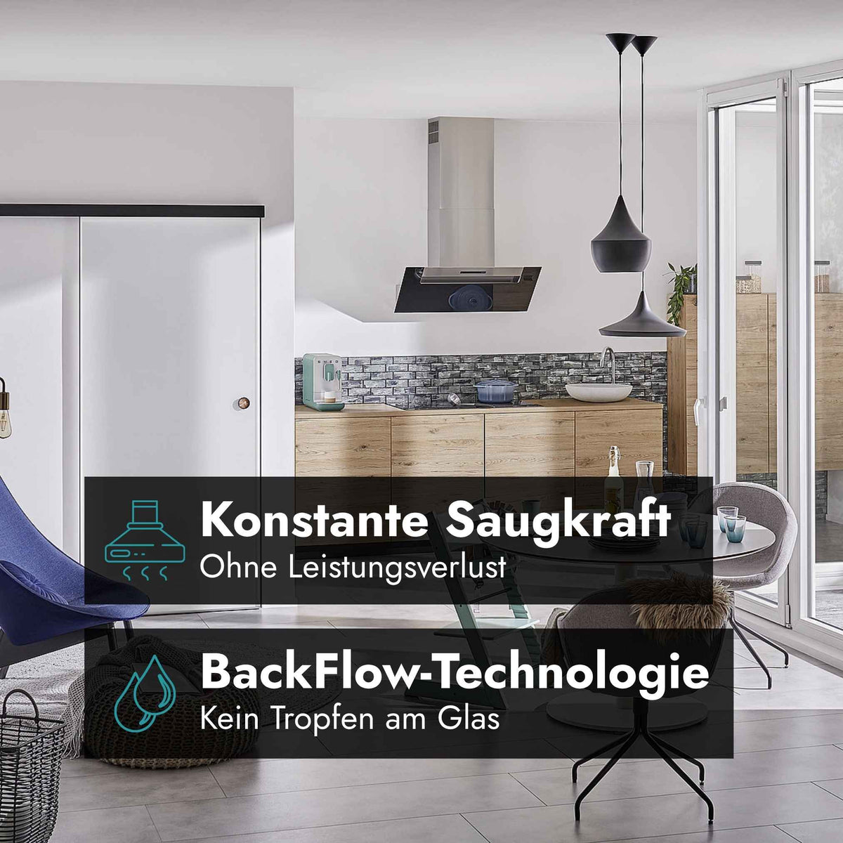 Berbel Ergoline Base BKH EG-B in einer modernen Küche mit Hinweis auf filterlose Fettabscheidung.