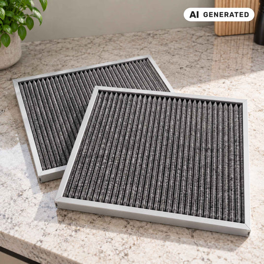 Zwei Plissee-Filter mit Aktivkohle für die Berbel Shapeline BKH SL auf einer Küchenarbeitsplatte.