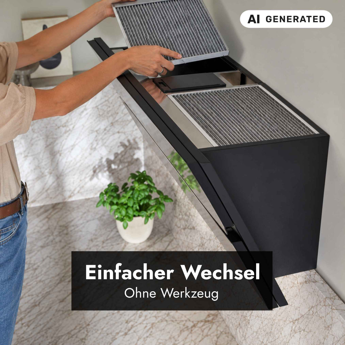 Einfacher werkzeugloser Wechsel des Plissee-Filters bei der Berbel Shapeline BKH SL.