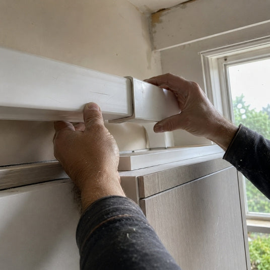 Fachgerechte Verlegung eines glattwandigen Flachkanalsystems auf einem Küchenoberschrank für minimalen Druckverlust.