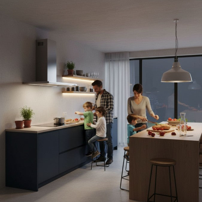 Dunstabzugshaube hängt in einer Familienküche