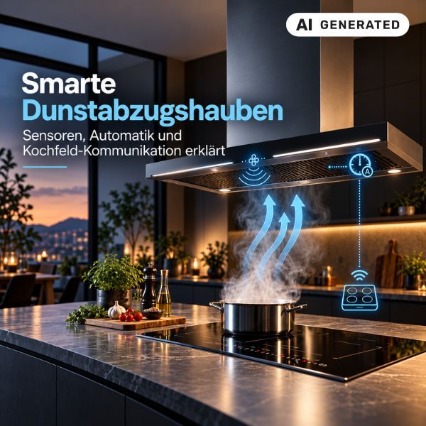 Smarte Dunstabzugshaube mit Sensoren, Automatik und Kochfeld-Kommunikation über einem Induktionskochfeld