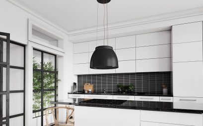 Moderne offene Küche mit Kochinsel und einer eleganten Dunstabzugshaube aus Edelstahl.