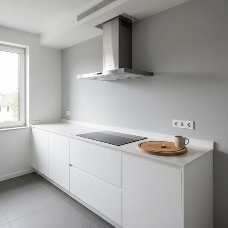 Moderne Dunstabzugshaube in einer Küche, deren Abluftrohr elegant und fachgerecht in einem Abluftkanal verschwindet, um Kochdünste effektiv abzuleiten