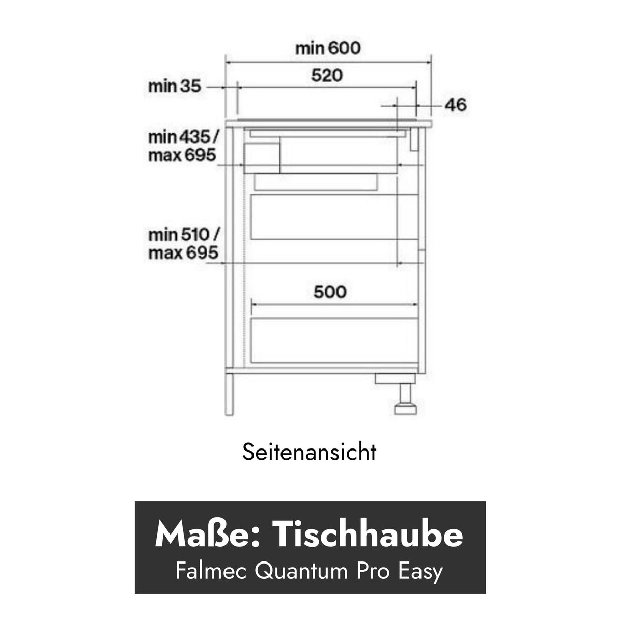 Technische Maßzeichnung der Seitenansicht des Falmec Quantum Pro Easy Induktionskochfelds mit integriertem Dunstabzug inklusive Einbautiefen und Schrankmaßen.