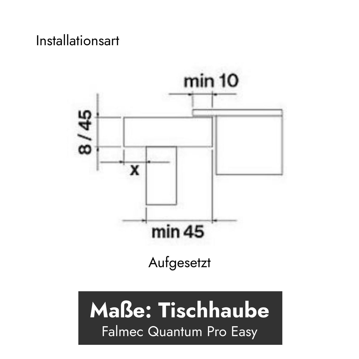 Technische Installationszeichnung für die aufgesetzte Montage des Falmec Quantum Pro Easy Induktionskochfelds mit integriertem Dunstabzug samt Mindestabständen.