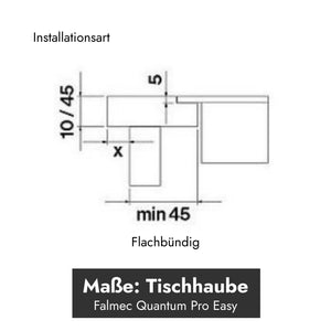 Technische Ausschnittskizze für die aufgesetzte Installation des Falmec Quantum Pro Easy Induktionskochfelds mit integriertem Muldenlüfter inklusive Millimeterangaben.