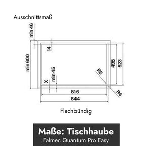 Technische Ausschnittskizze für die flachbündige Installation des Falmec Quantum Pro Easy Induktionskochfelds mit integriertem Muldenlüfter inklusive präziser Millimeterangaben.