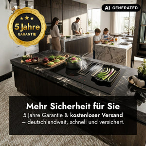 Falmec Quantum Pro Easy Induktionskochfeld mit integriertem Dunstabzug inklusive Werbegrafik für 5 Jahre Garantie und kostenlosen deutschlandweiten Versand.